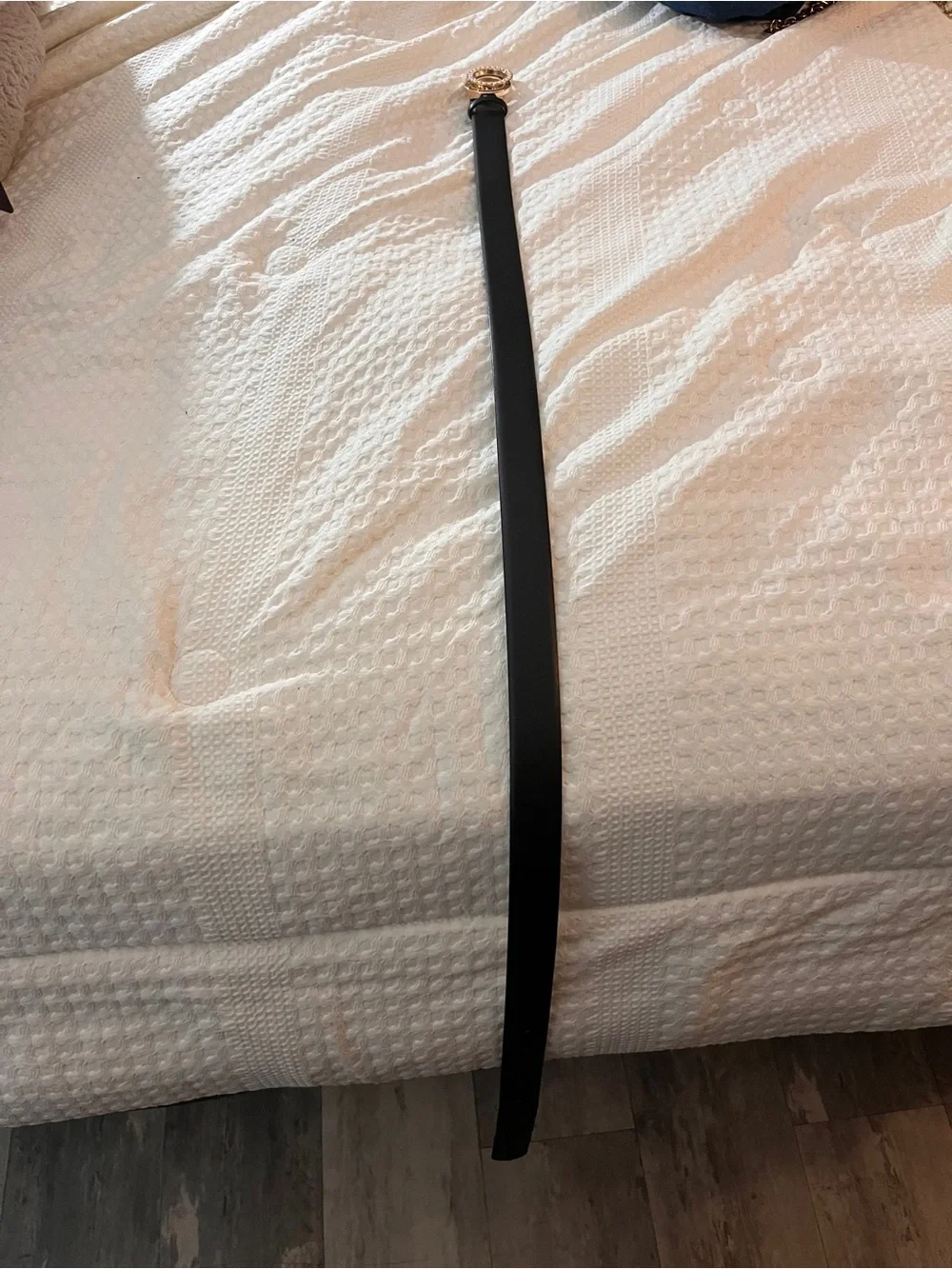 Nine West Black Belt with Gold Pearl-Studded Double Ring Buckle